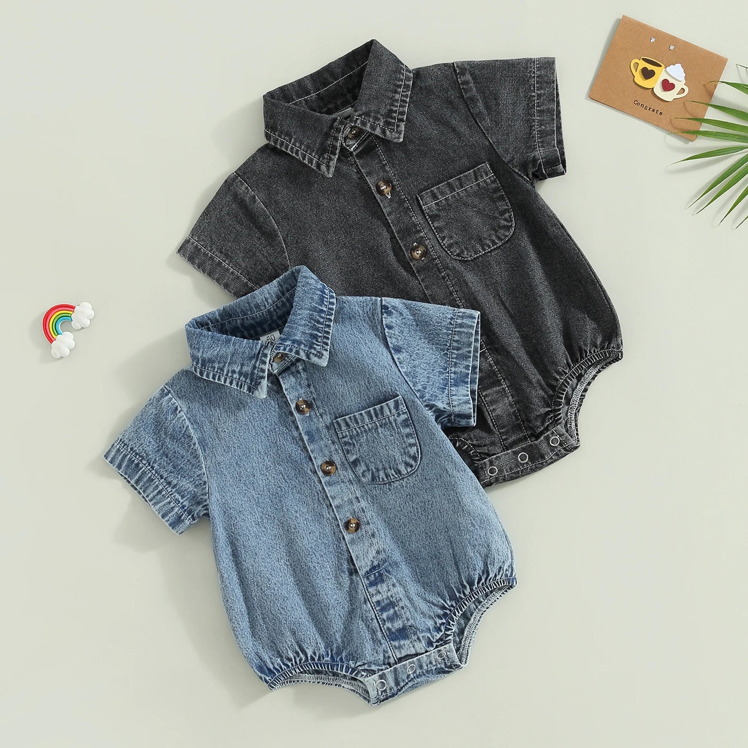 Mini Denim Button-Up Bodysuit – Short Sleeve Baby Romper for Summer