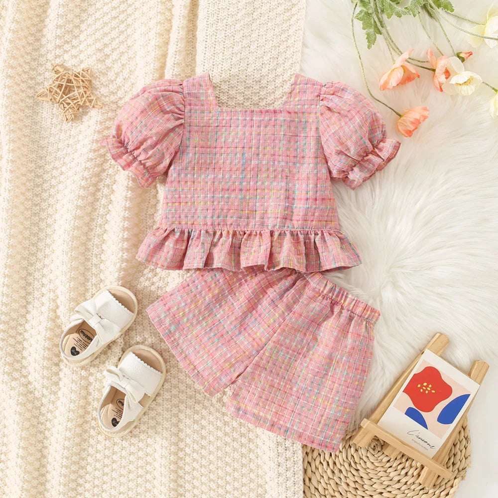 Sunshine Sweetheart Plaid Set – Baby Girl Bubble Sleeve Top & Shorts